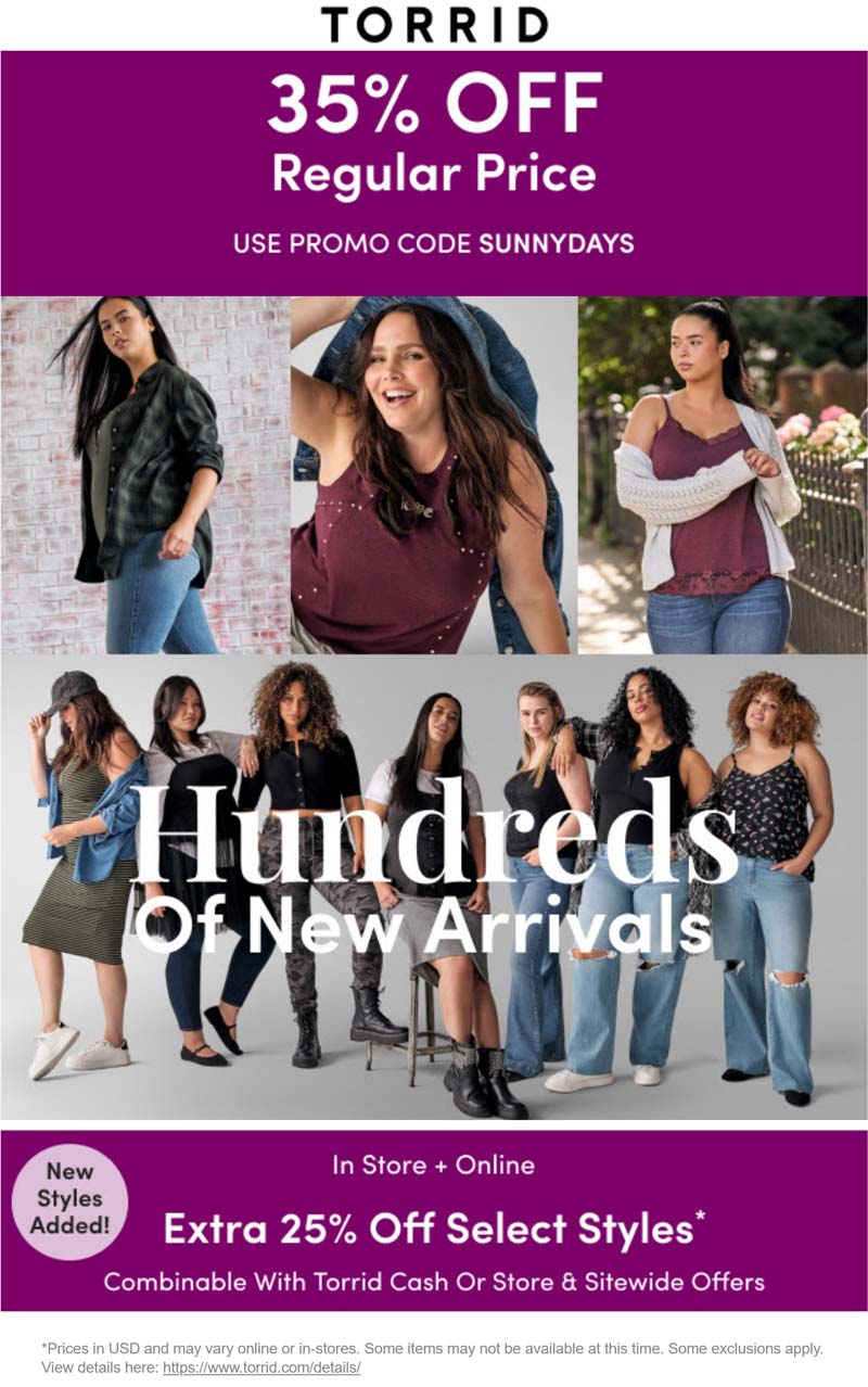 Torrid stores Coupon  25-35% off at Torrid, or online via promo code SUNNYDAYS #torrid 