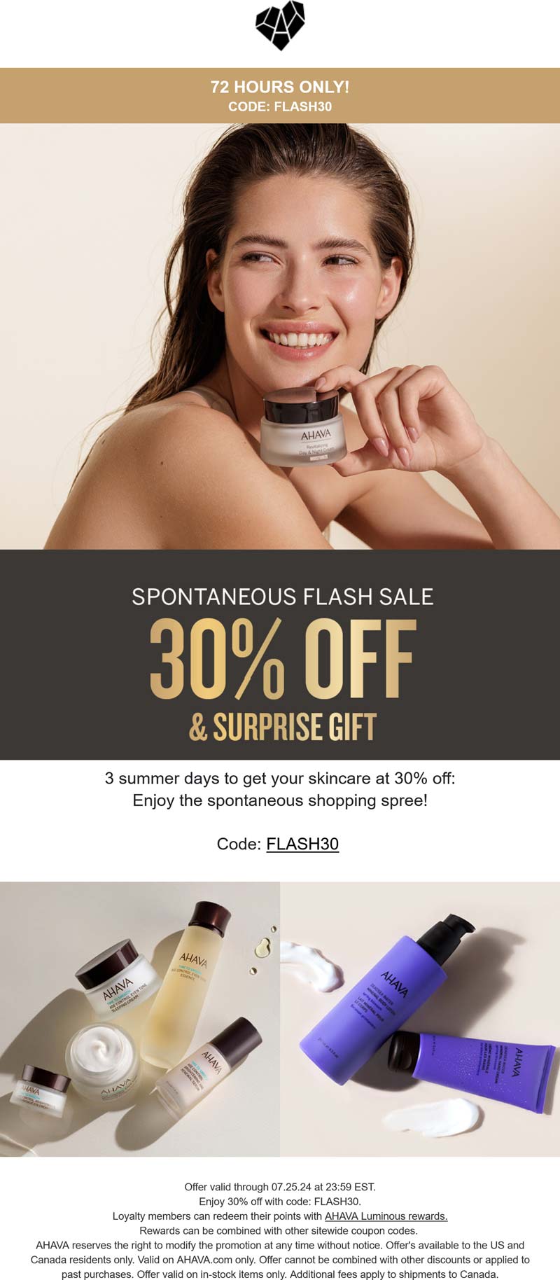 AHAVA stores Coupon  30% off + free gift at AHAVA via promo code FLASH30 #ahava 