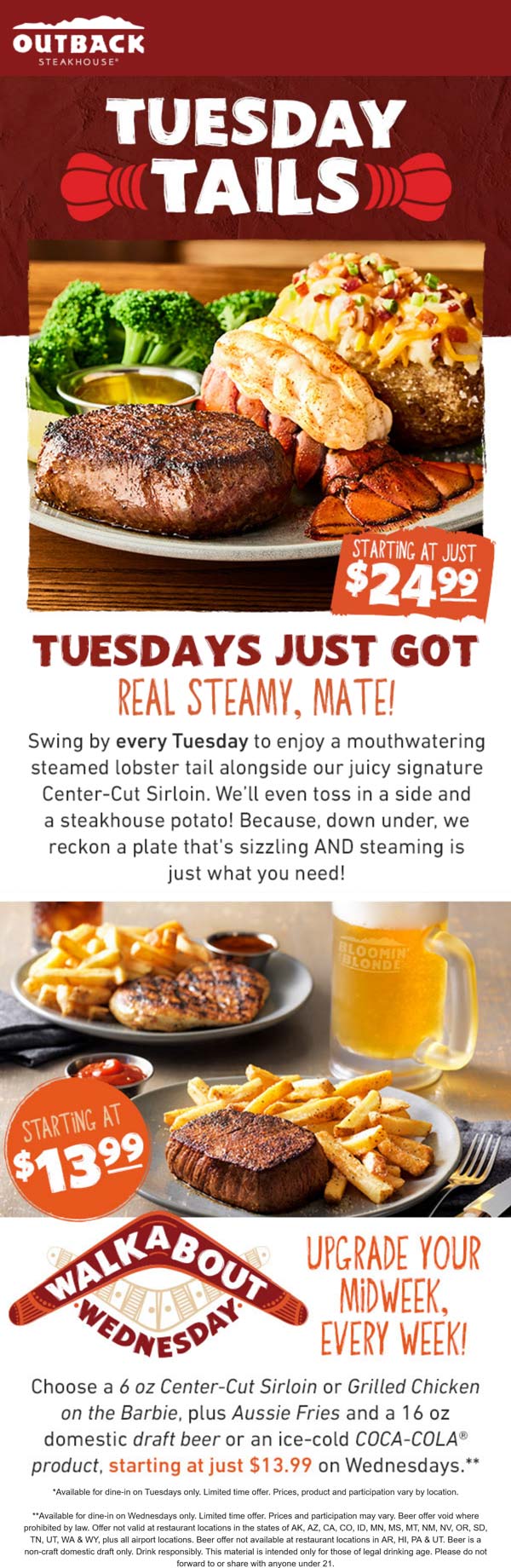 Outback Steakhouse restaurants Coupon  Lobster + sirloin steak + side + baked potato = $25 today at Outback Steakhouse #outbacksteakhouse 