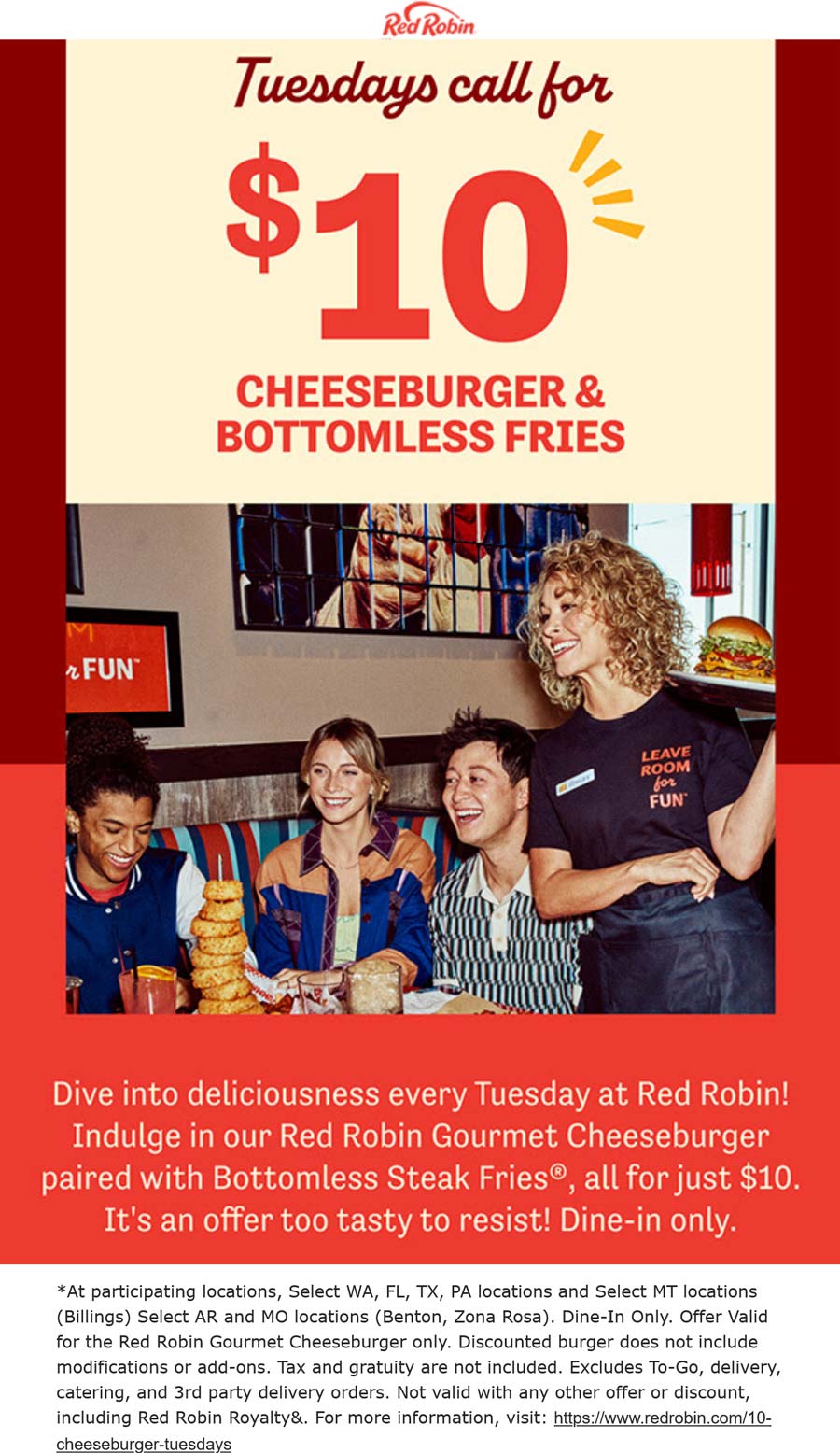 Red Robin restaurants Coupon  Gourmet cheeseburger + bottomless steak fries = $10 today at Red Robin #redrobin 