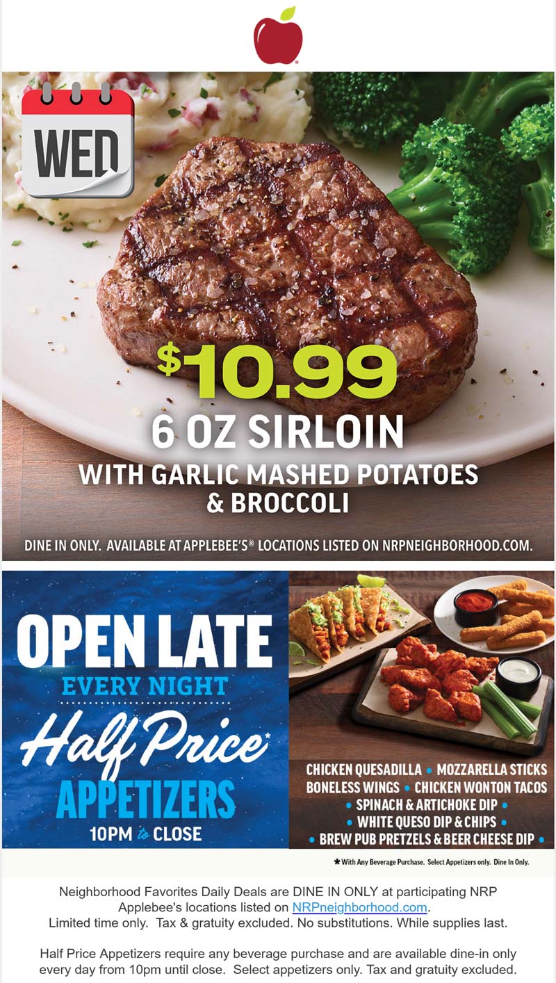 Applebees restaurants Coupon  Sirloin steak + mashed potatoes + broccoli = $11 today at Applebees #applebees 