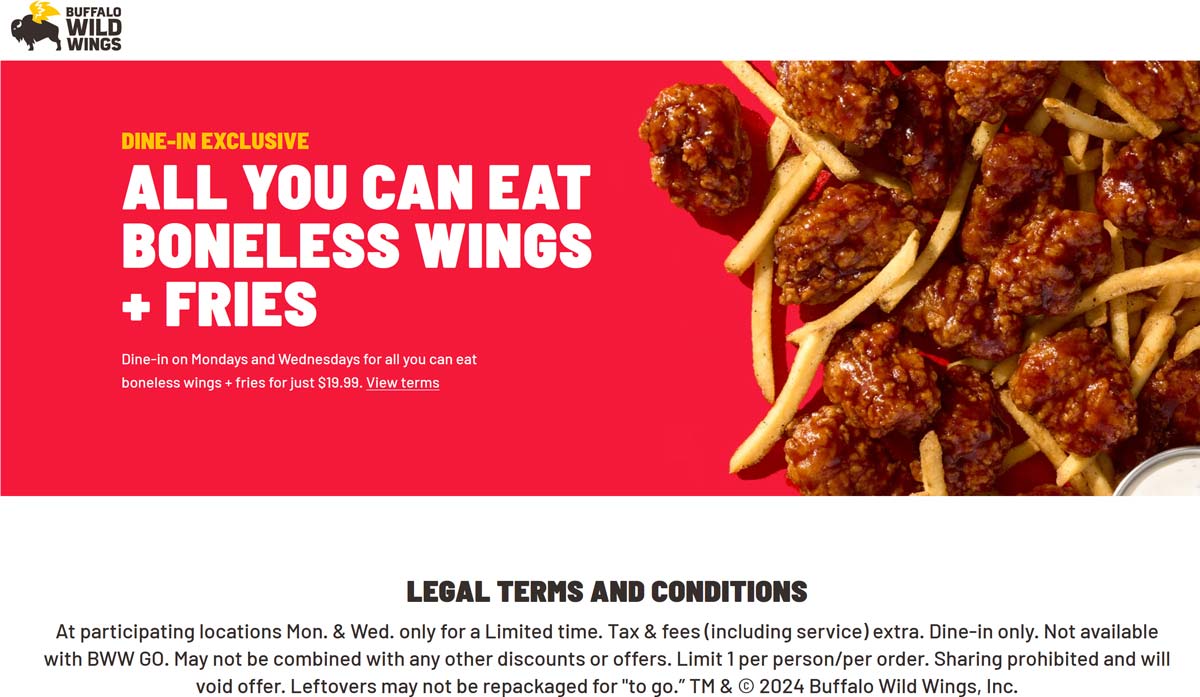 Buffalo Wild Wings restaurants Coupon  Bottomless chicken wings & fries = $20 today at Buffalo Wild Wings #buffalowildwings 