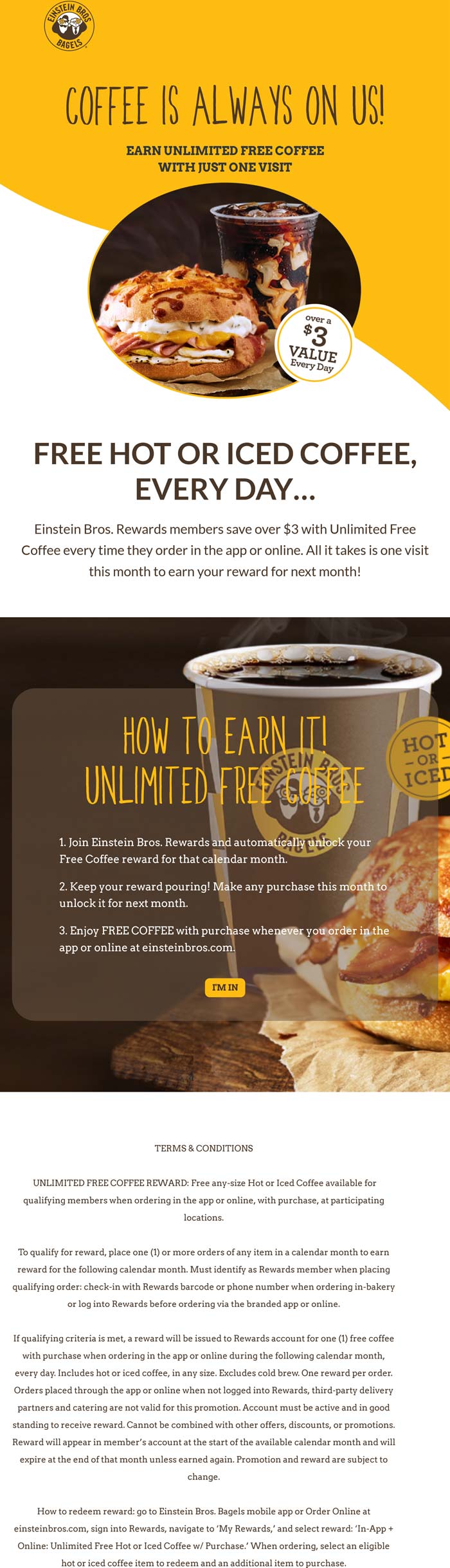 Einstein Bros Bagels restaurants Coupon  Unlimited free coffee with any online order at Einstein Bros Bagels #einsteinbrosbagels 