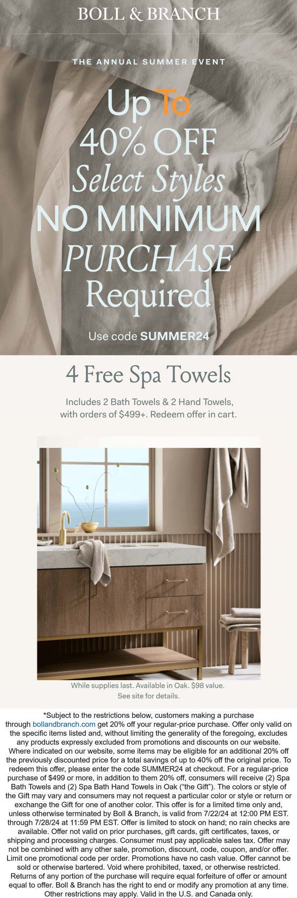 Boll & Branch stores Coupon  20-40% off + free towels at Boll & Branch via promo code SUMMER24 #bollbranch 