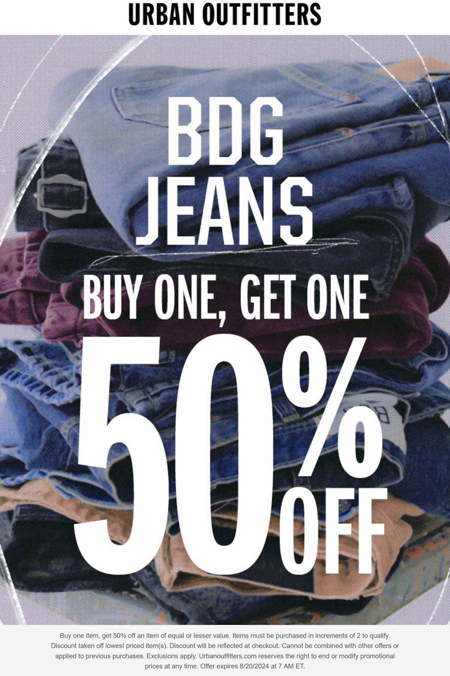 Urban Outfitters stores Coupon  Second bdg jeans item 50% off at Urban Outfitters #urbanoutfitters 