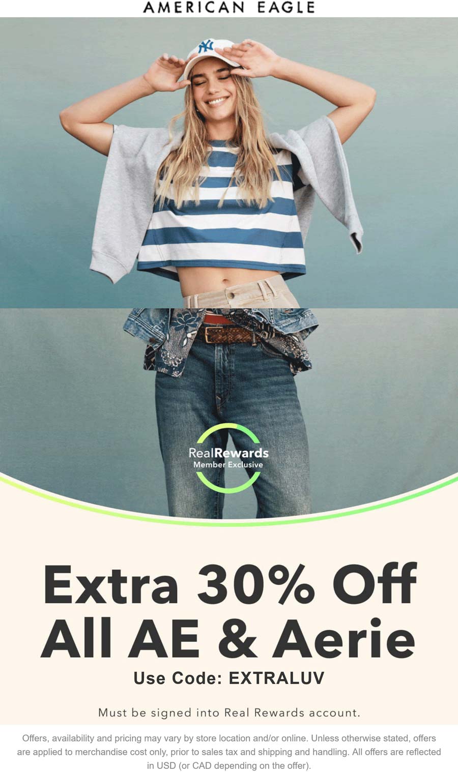 American Eagle stores Coupon  Extra 30% off all AE & Aerie today at American Eagle #americaneagle 