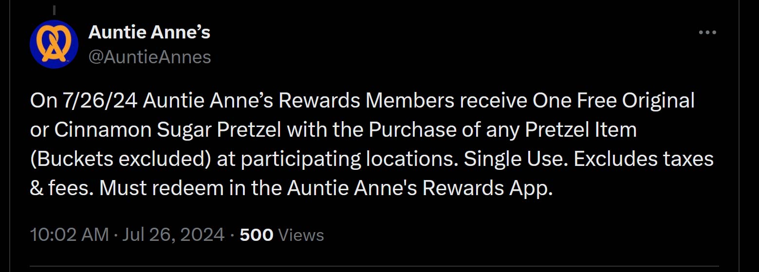 Auntie Annes stores Coupon  Second pretzel free today at Auntie Annes #auntieannes 