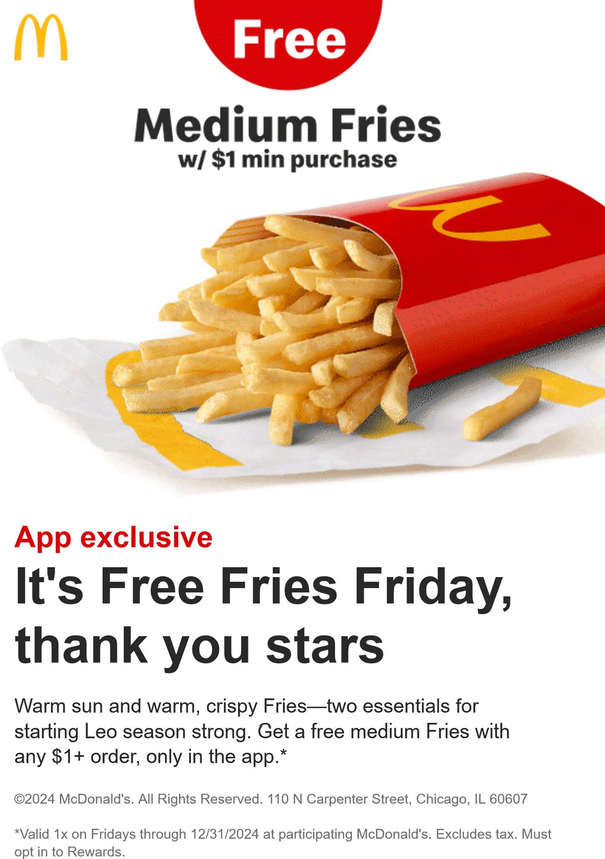 McDonalds restaurants Coupon  Free fries on $1 today via mobile at McDonalds #mcdonalds 