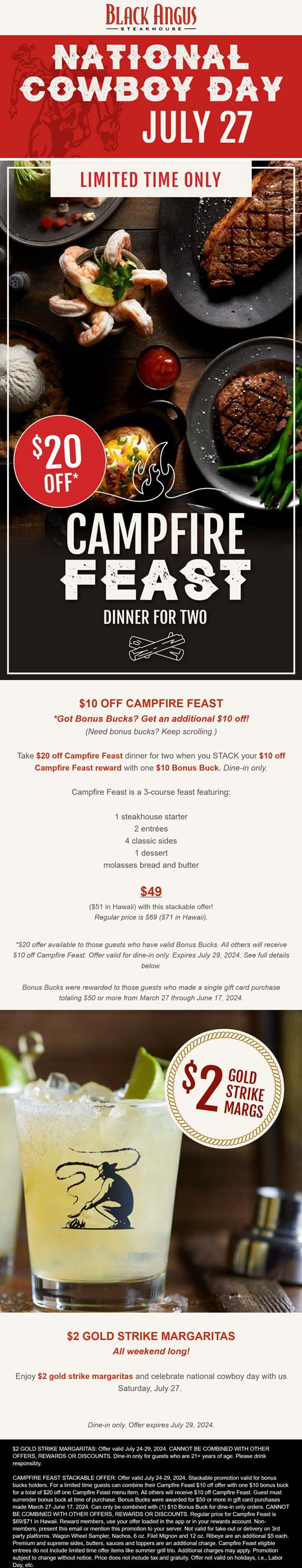 Black Angus restaurants Coupon  $2 margaritas & $20 off campfire feast for 2 at Black Angus steakhouse restaurants #blackangus 