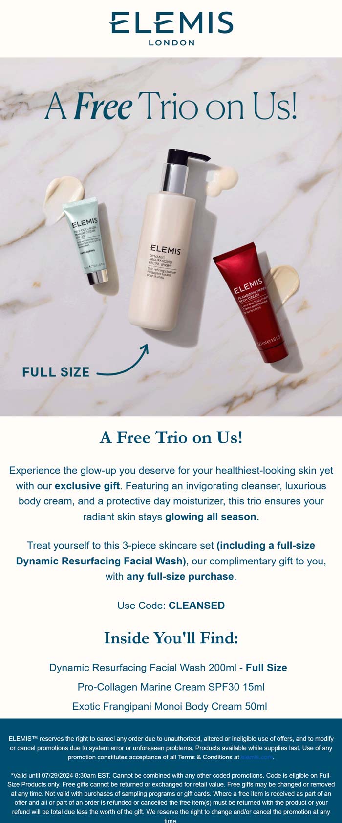 Elemis stores Coupon  Free 3-pc skincare set with any full size at Elemis via promo code CLEANSED #elemis 