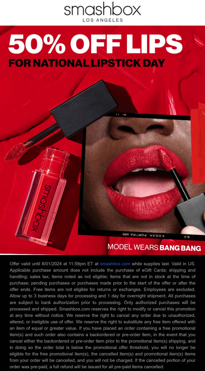 Smashbox stores Coupon  50% off lips at Smashbox cosmetics #smashbox 