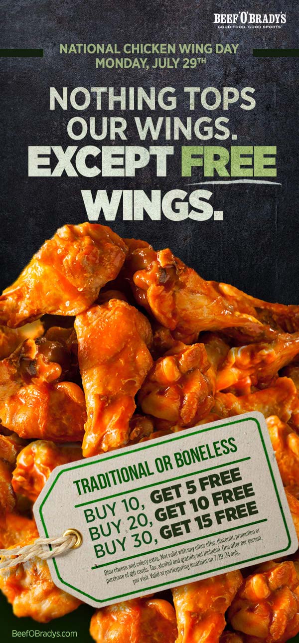 Beef OBradys restaurants Coupon  5-15 free wings when ordering 10+ today at Beef OBradys restaurants #beefobradys 