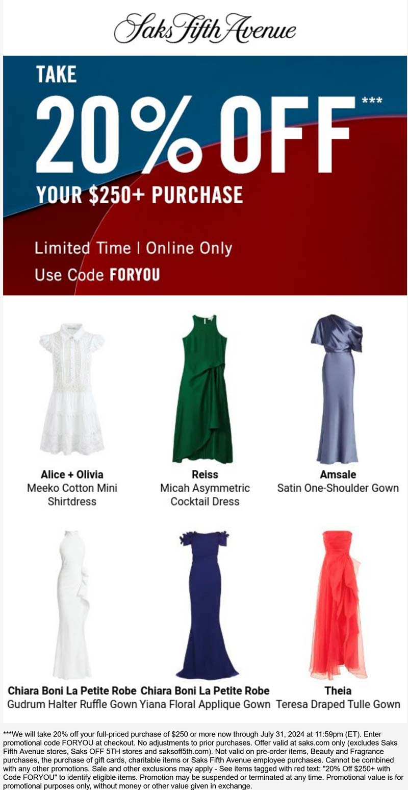 OFF 5TH stores Coupon  20% off $250+ at Saks OFF 5TH via promo code FORYOU #off5th 