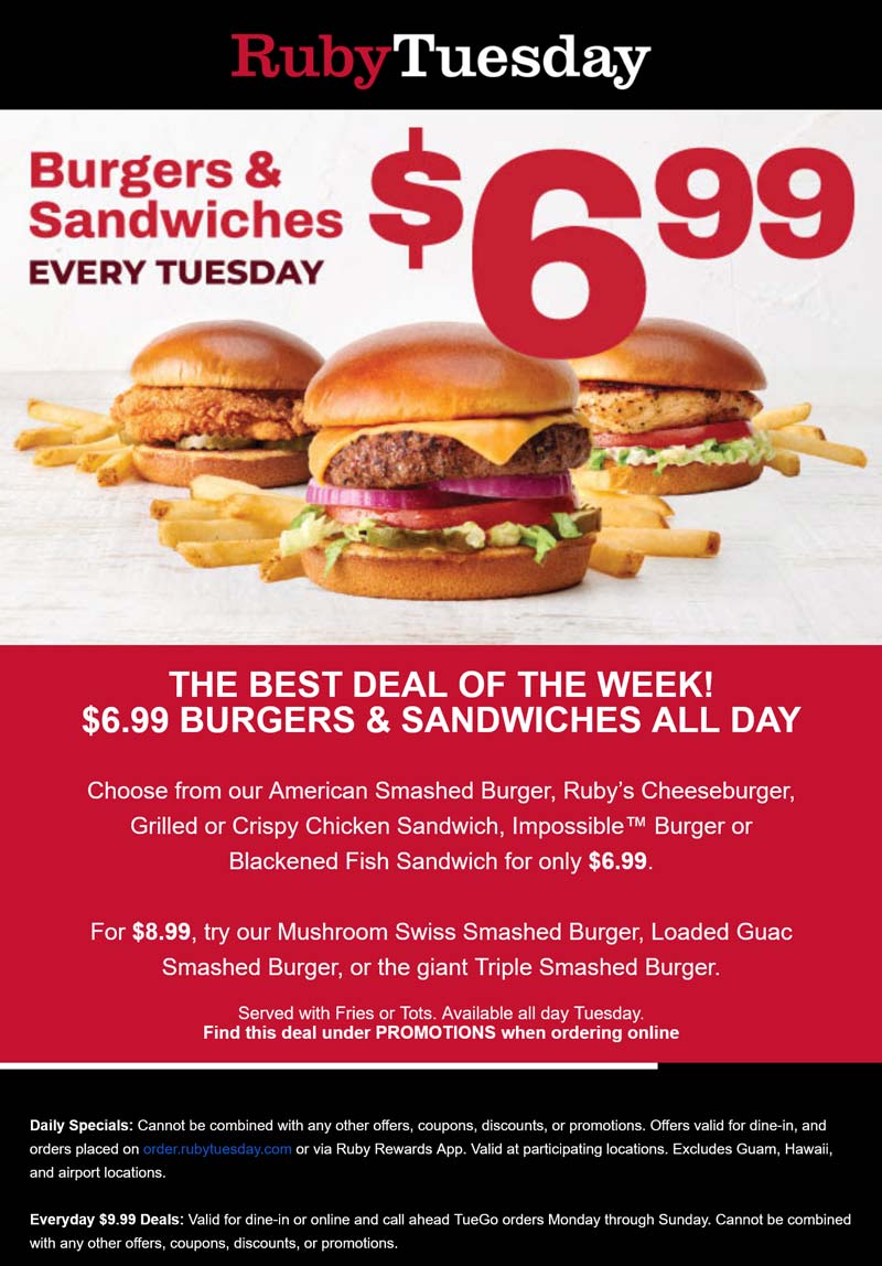 Ruby Tuesday restaurants Coupon  $7 cheeseburgers & sandwiches + fries or tots today at Ruby Tuesday #rubytuesday 