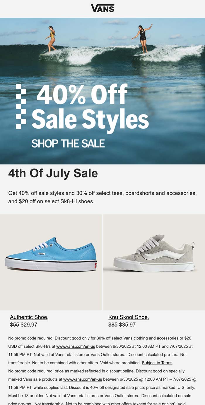 Vans stores Coupon  Extra 40% off sale styles at Vans #vans 