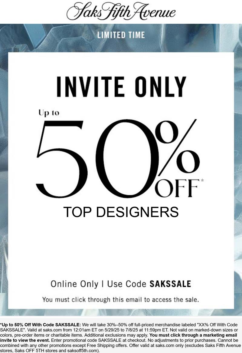Saks Fifth Avenue coupons & promo code for July 2025