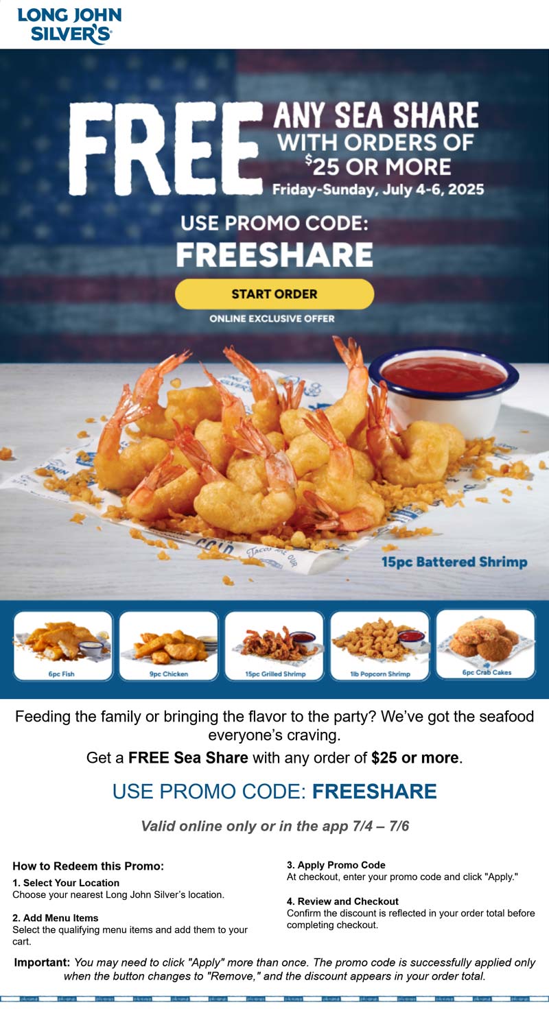Long John Silvers coupons & promo code for July 2025