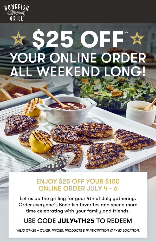 Bonefish Grill coupons & promo code for July 2025