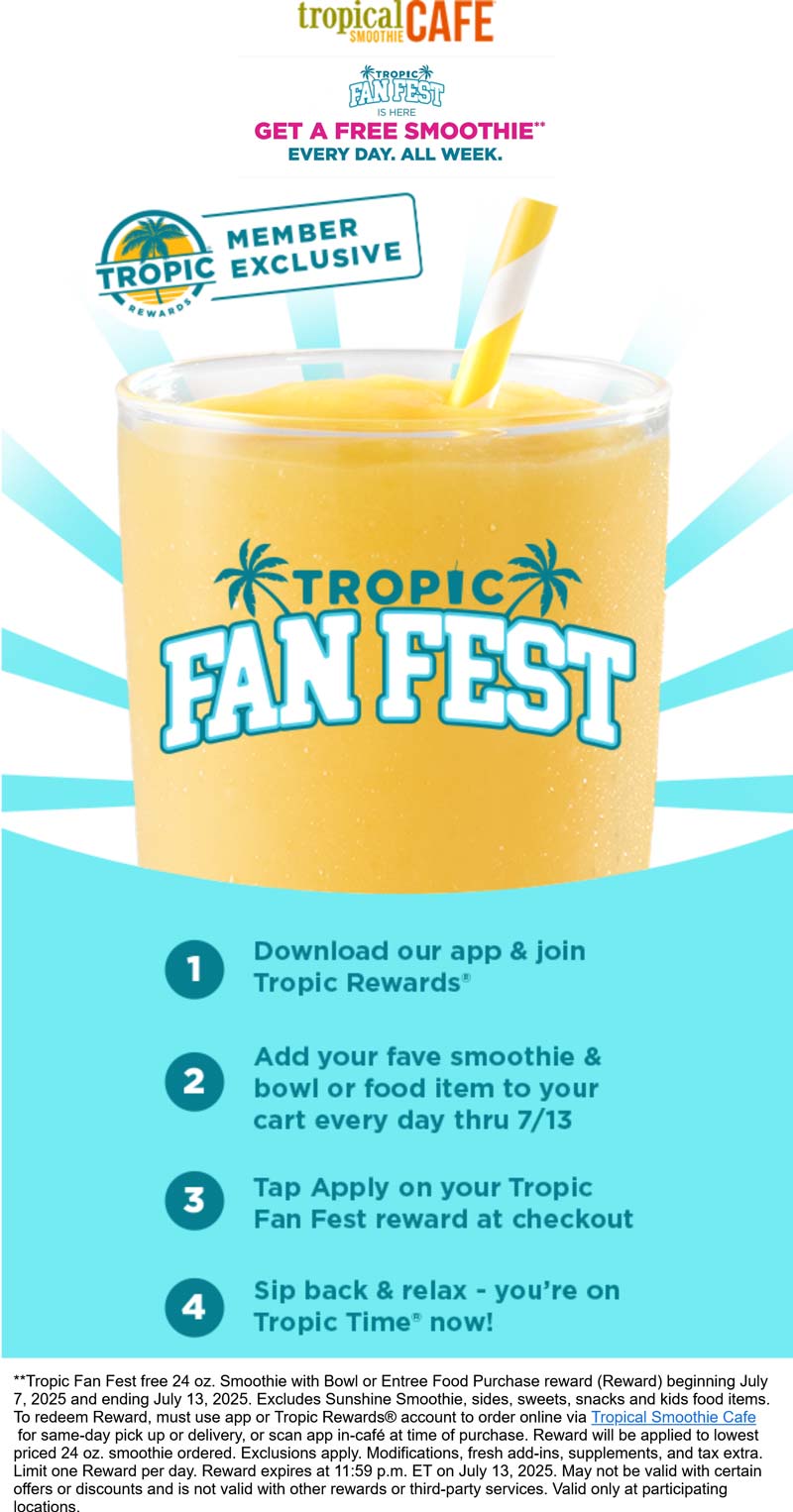 Tropical Smoothie Cafe coupons & promo code for July 2025