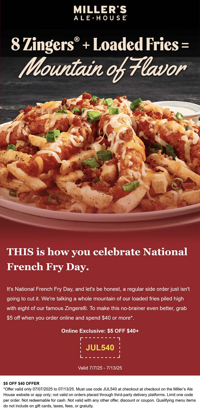 Millers Ale House coupons & promo code for July 2025