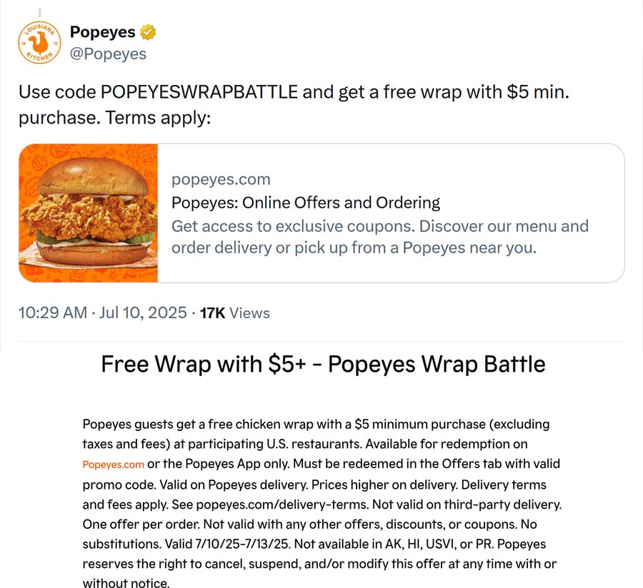 Popeyes coupons & promo code for July 2025