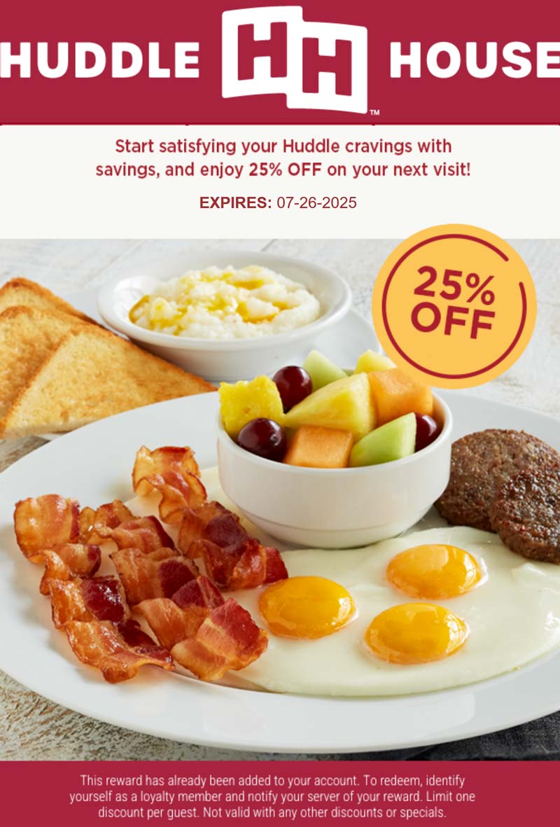 Huddle House coupons & promo code for July 2025