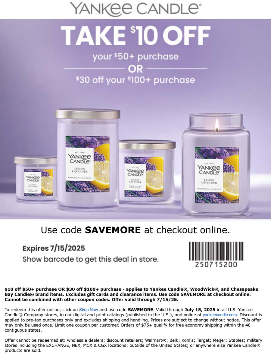 Yankee Candle coupons & promo code for July 2025
