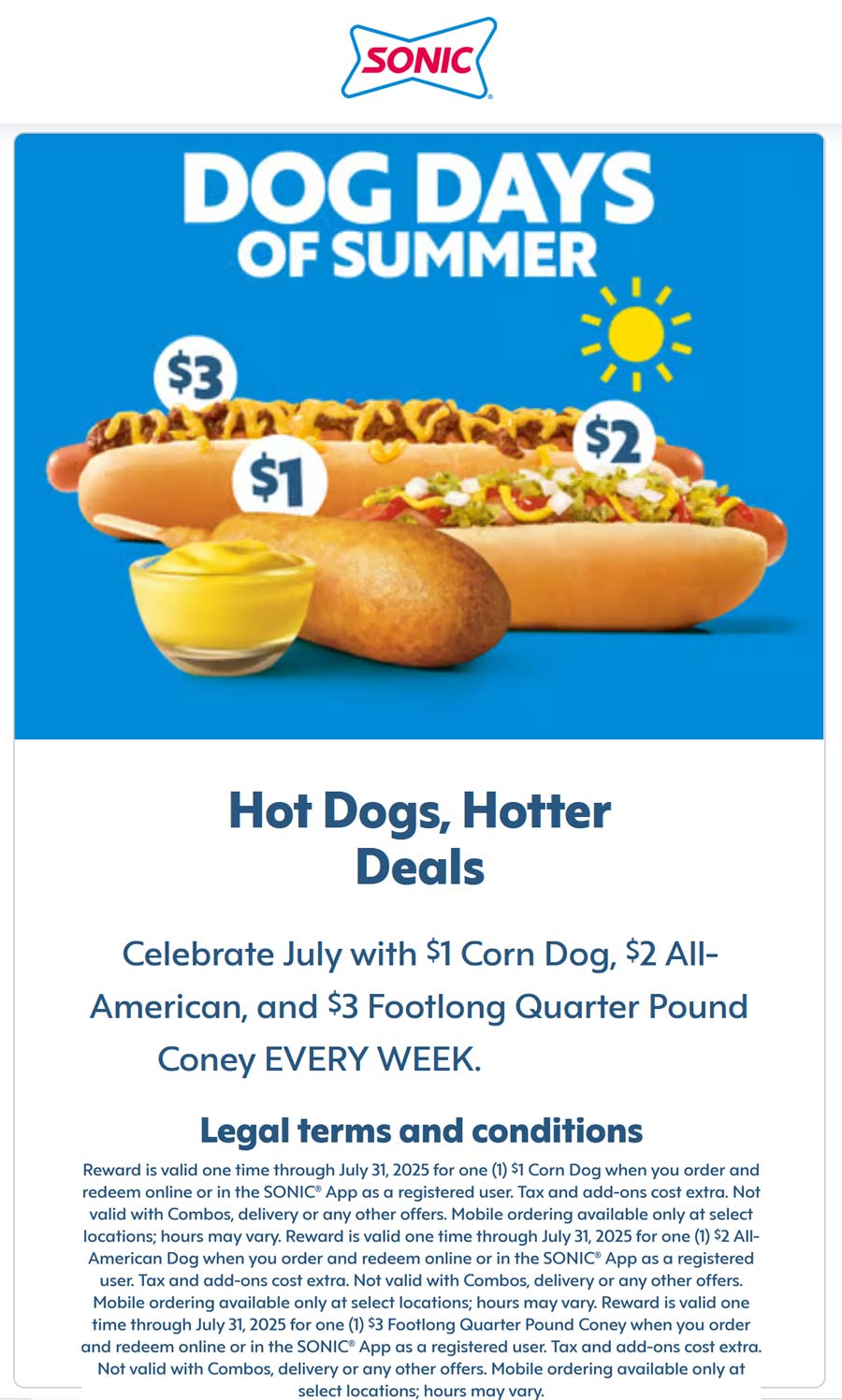 Sonic Drive-In coupons & promo code for July 2025