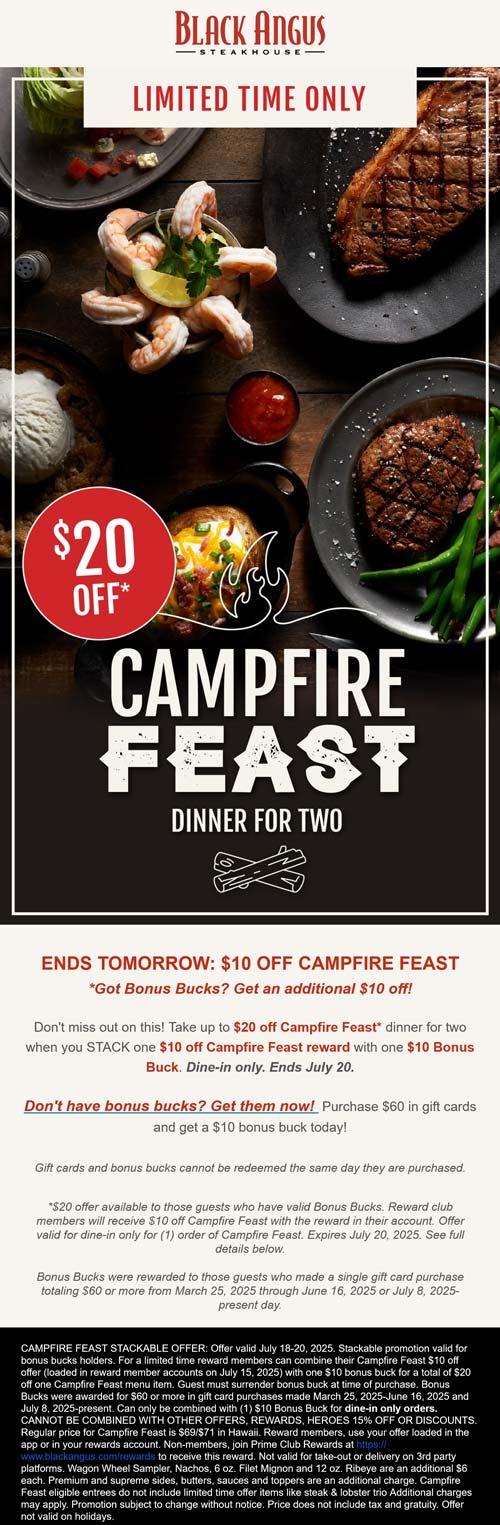 Black Angus coupons & promo code for July 2025