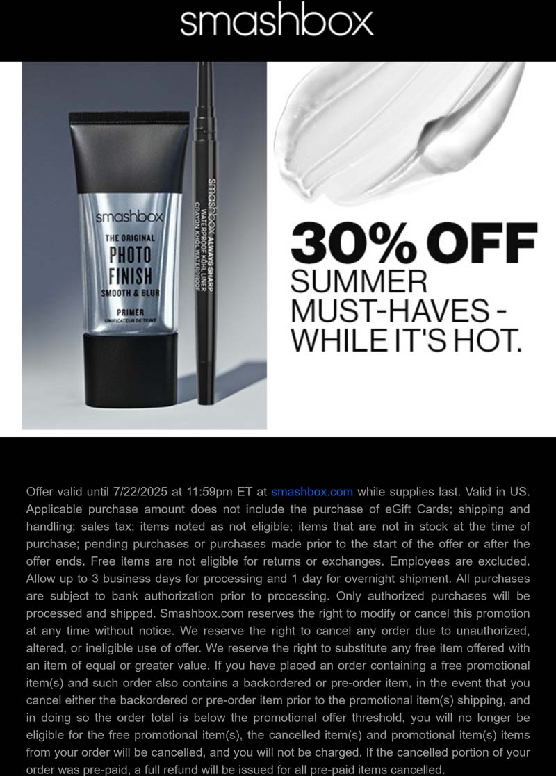 Smashbox Cosmetics coupons & promo code for July 2025