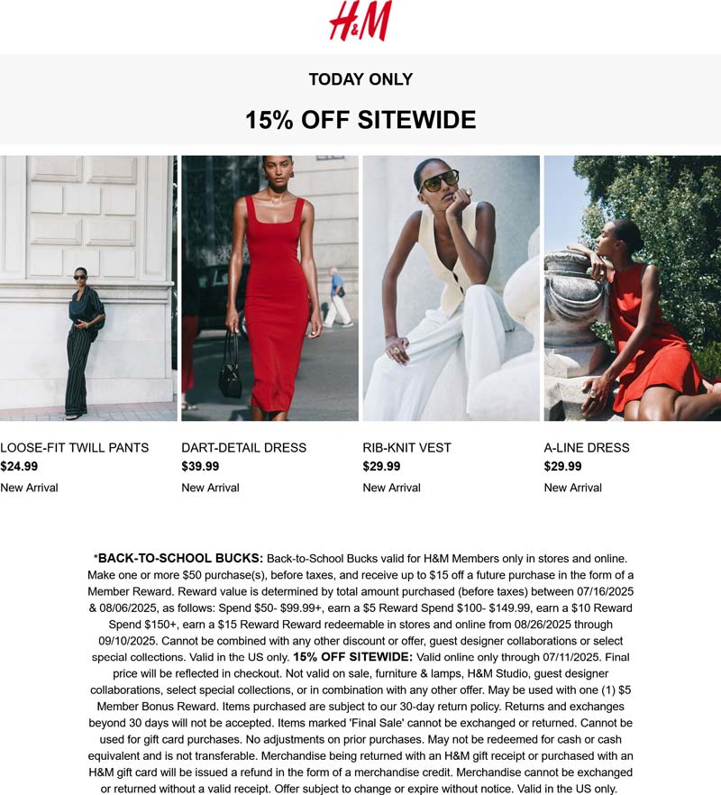 H&M stores Coupon  15% off everything online today at H&M #hm 