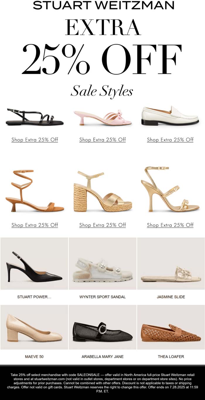 Stuart Weitzman stores Coupon  Extra 25% off sale styles at Stuart Weitzman via promo code SALEONSALE #stuartweitzman 