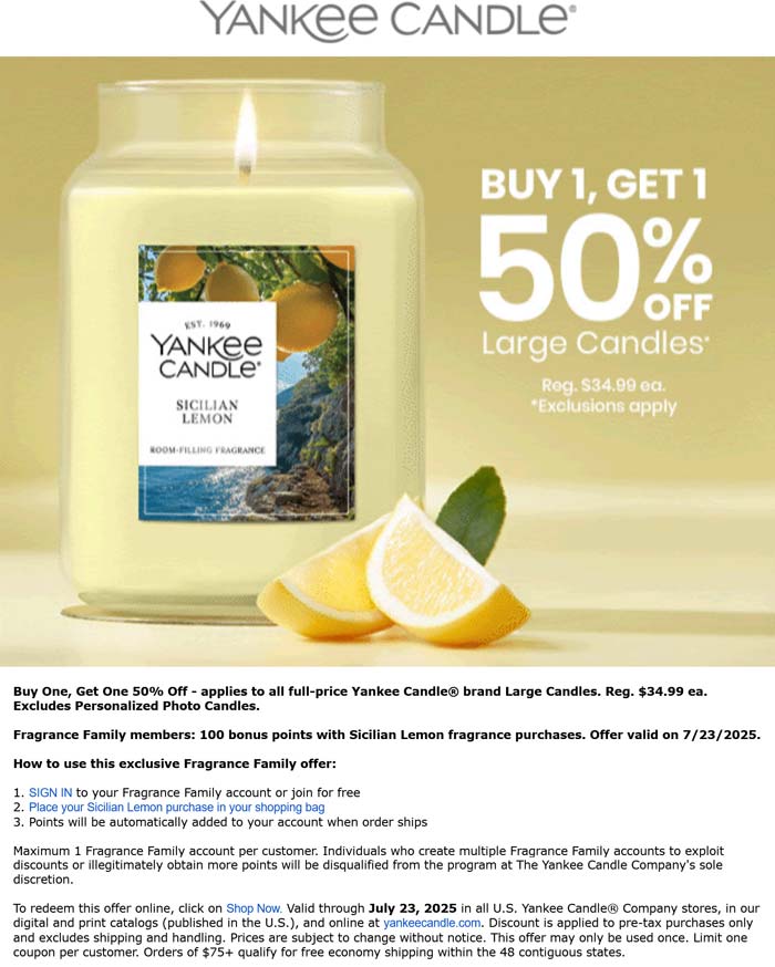 Yankee Candle stores Coupon  Second large candle 50% off today at Yankee Candle #yankeecandle 