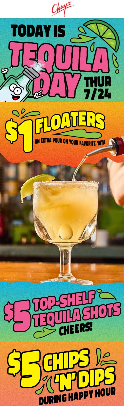Chuys restaurants Coupon  $5 top shelf tequila shots & more today at Chuys restaurants #chuys 