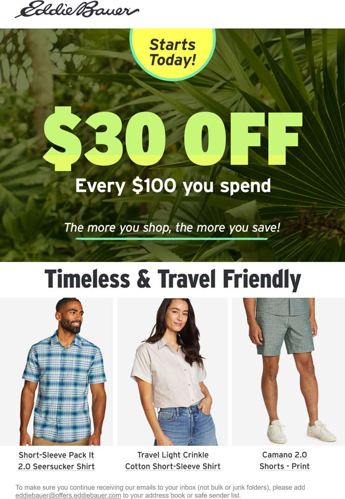 Eddie Bauer stores Coupon  $30 off every $100 at Eddie Bauer #eddiebauer 