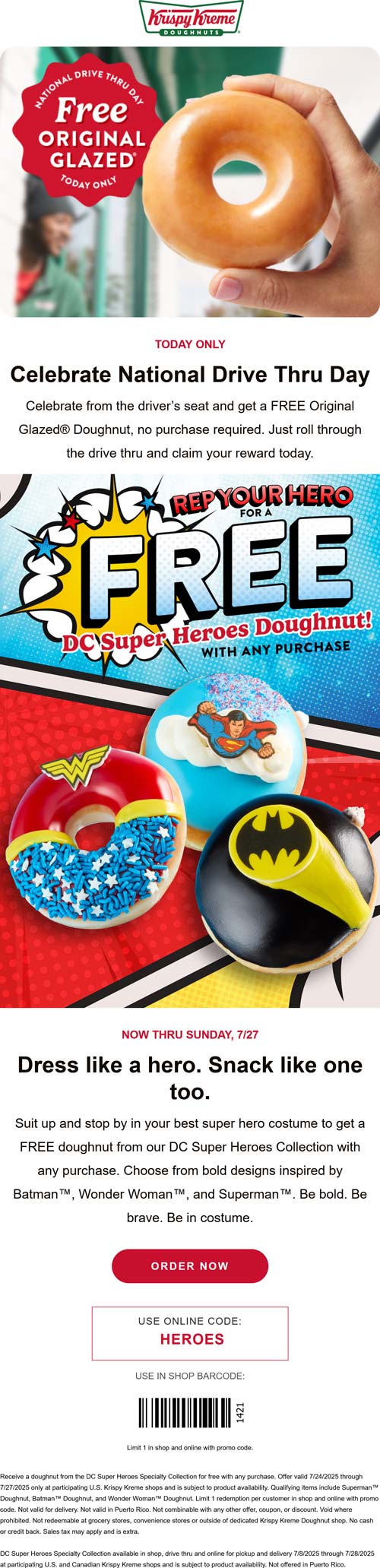 Krispy Kreme restaurants Coupon  Free glazed + free super hero donut at Krispy Kreme via promo code HEROES #krispykreme 