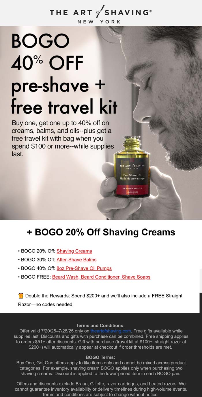 The Art of Shaving stores Coupon  Various BOGO discounts & free straight razor on $200 at The Art of Shaving #theartofshaving 