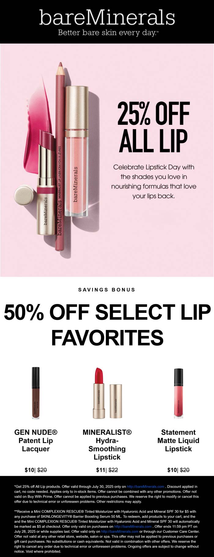bareMinerals stores Coupon  25% off all lip at bareMinerals #bareminerals 