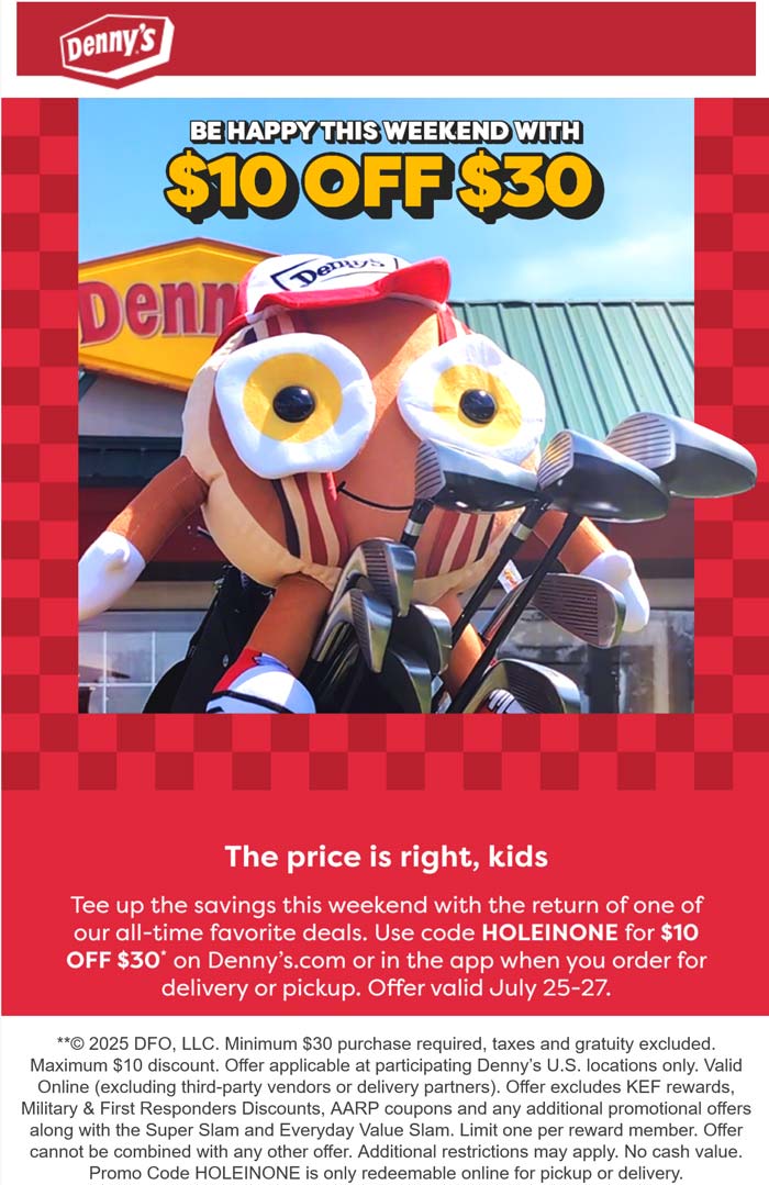 Dennys restaurants Coupon  $10 off $30 at Dennys restaurants via promo code HOLEINONE #dennys 