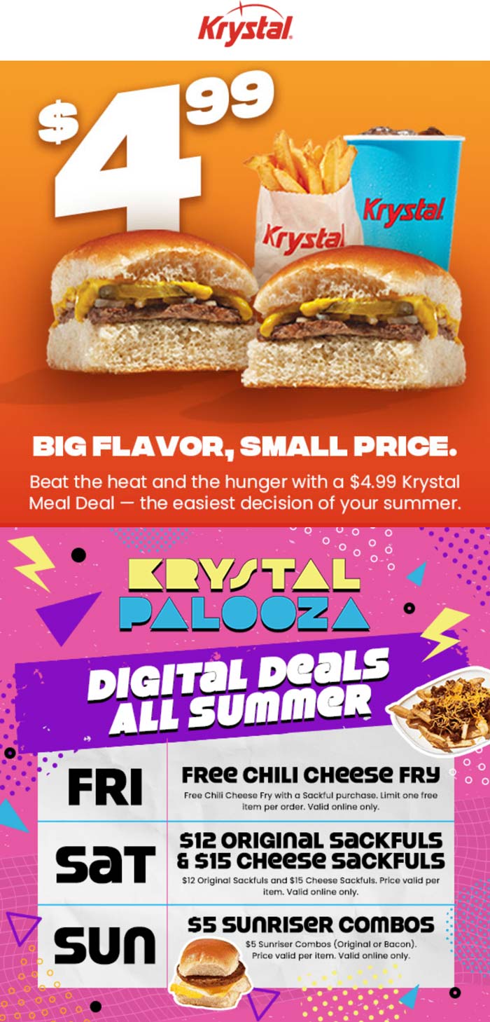 Krystal restaurants Coupon  Free chili cheese fry with your sack & more at Krystal restaurants #krystal 