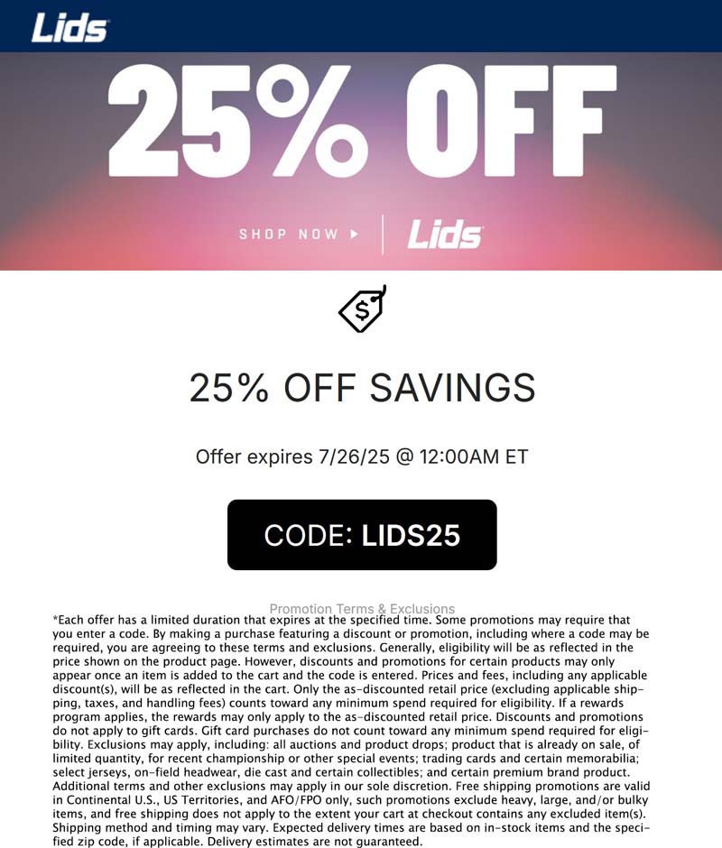 Lids stores Coupon  25% off online today at Lids via promo code LIDS25 #lids 