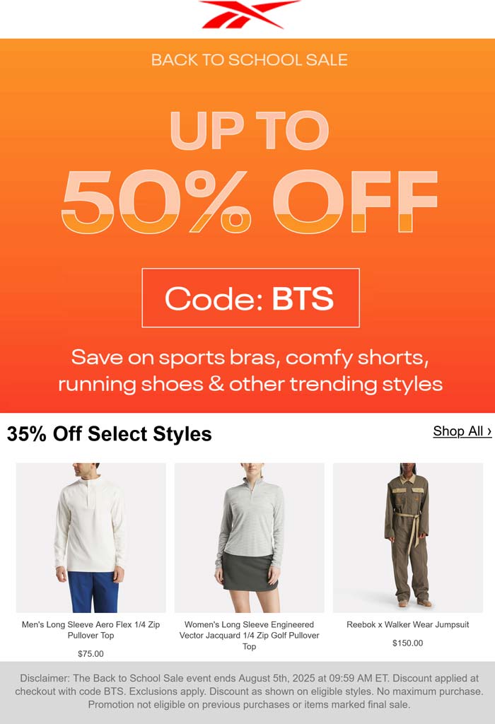 Reebok stores Coupon  35-50% off online at Reebok via promo code BTS #reebok 