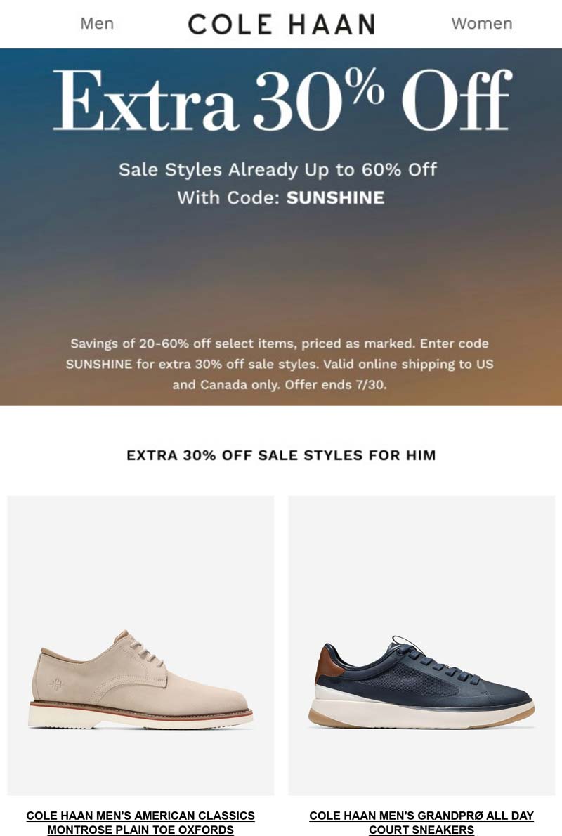 Cole Haan stores Coupon  Extra 30% off at Cole Haan via promo code SUNSHINE #colehaan 