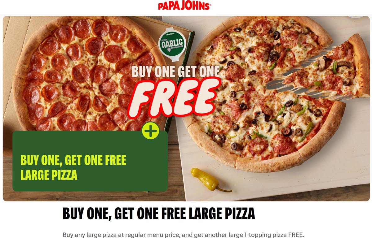 Papa Johns restaurants Coupon  Second large pizza free at Papa Johns #papajohns 