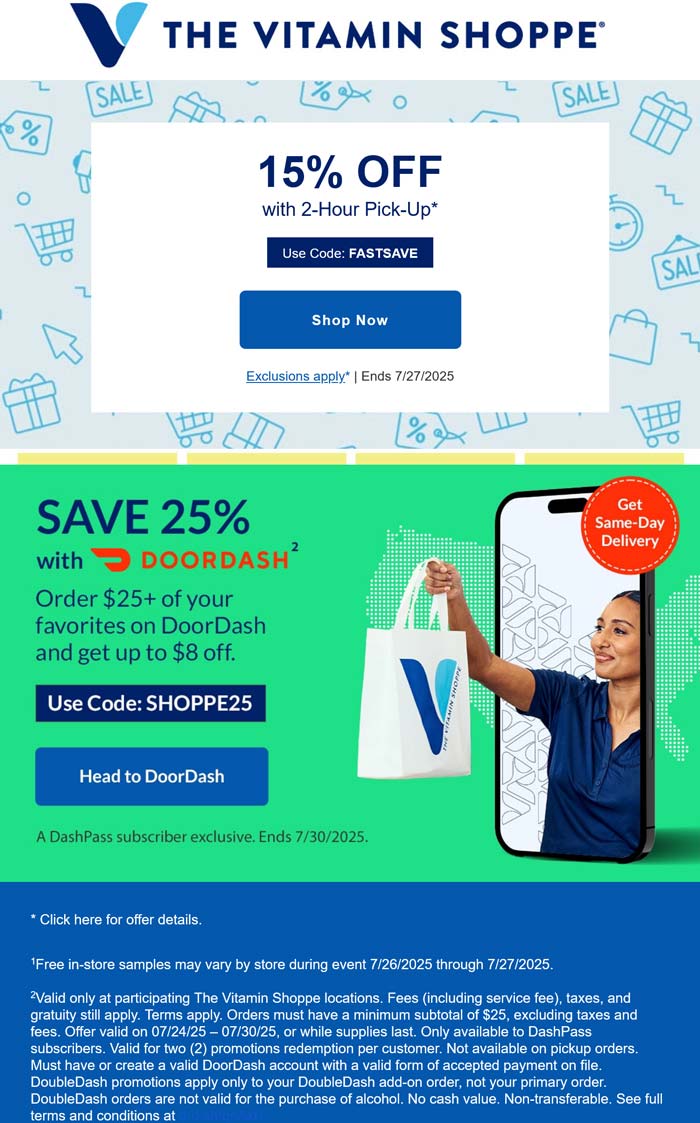 The Vitamin Shoppe stores Coupon  15% off & more at The Vitamin Shoppe via promo code FASTSAVE #thevitaminshoppe 