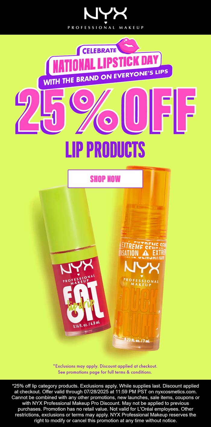 NYX Professional Makeup stores Coupon  25% off lip products at NYX Professional Makeup #nyxprofessionalmakeup 
