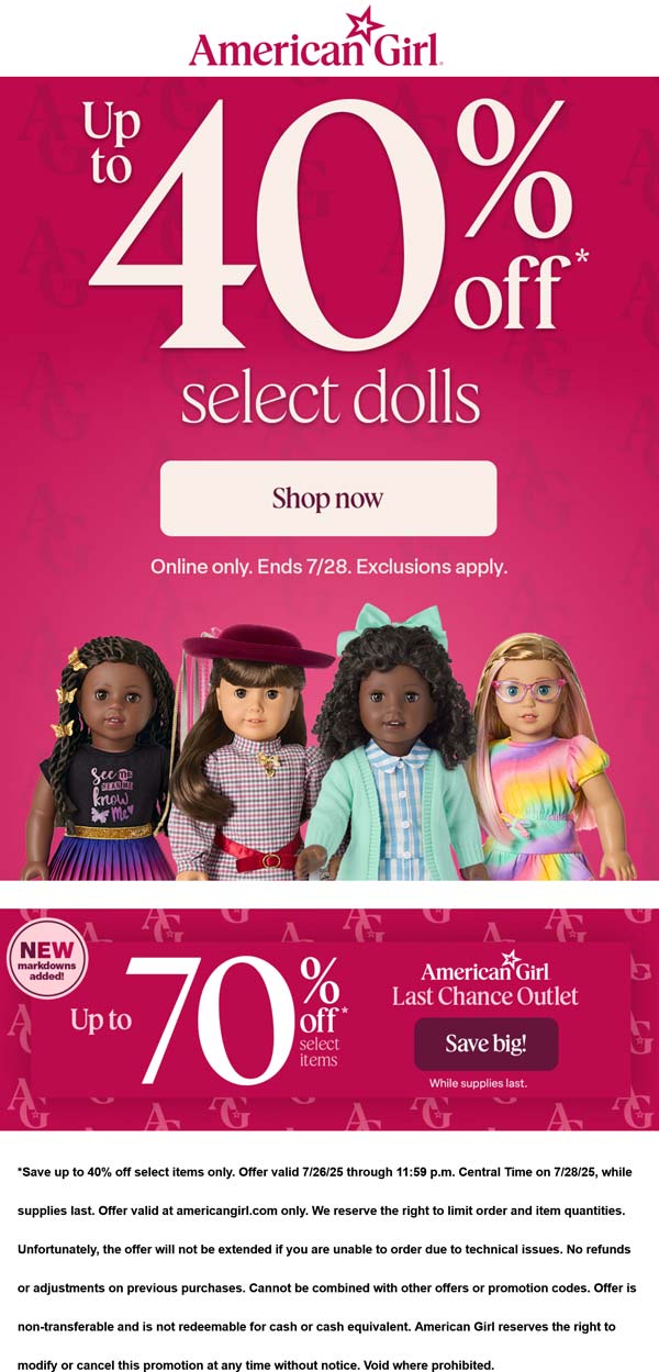 American Girl stores Coupon  Various dolls are 40% off today at American Girl #americangirl 