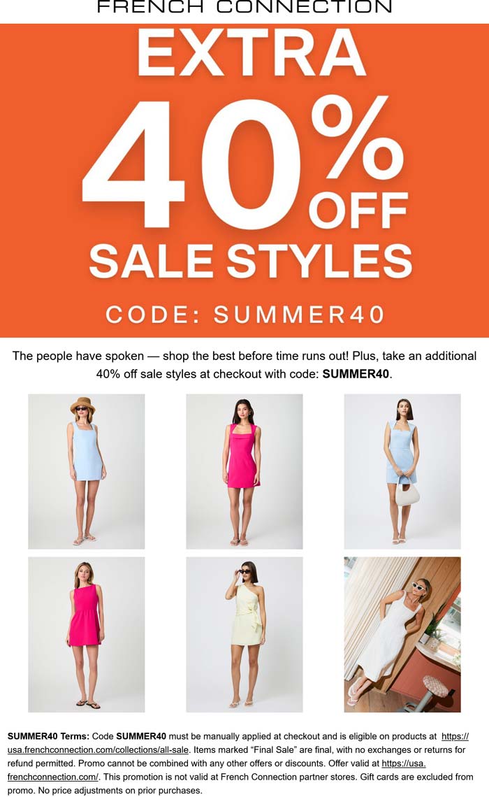 French Connection stores Coupon  Extra 40% off sale styles at French Connection via promo code SUMMER40 #frenchconnection 