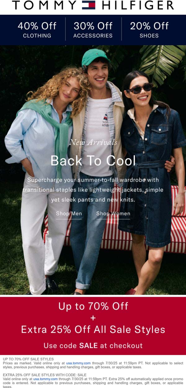 Tommy Hilfiger stores Coupon  20-40% off at Tommy Hilfiger via promo code SALE #tommyhilfiger 