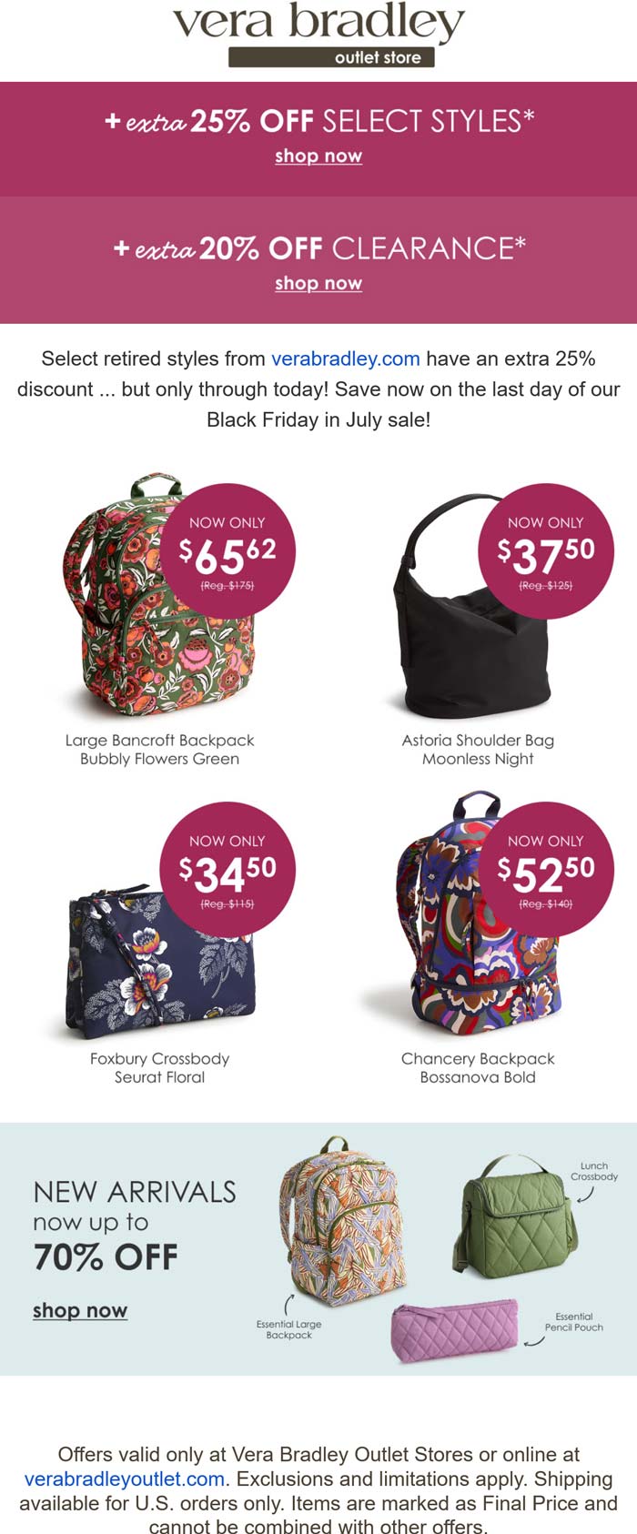 Vera Bradley stores Coupon  Extra 20-25% off today at Vera Bradley Outlet Store #verabradley 